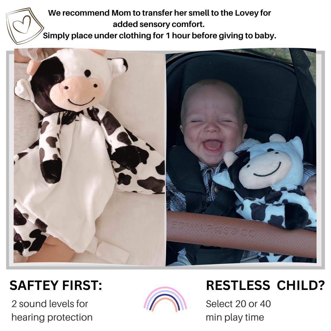 Love By Emi Baby Music Lovey Black & White Cow, Baby Sleep Soother for Crib & Cuddle Bedtime, White Noise with Heartbeat & Lullaby, Plush Sound Toy, Stuffed Animal for Newborns, Infants & Toddlers