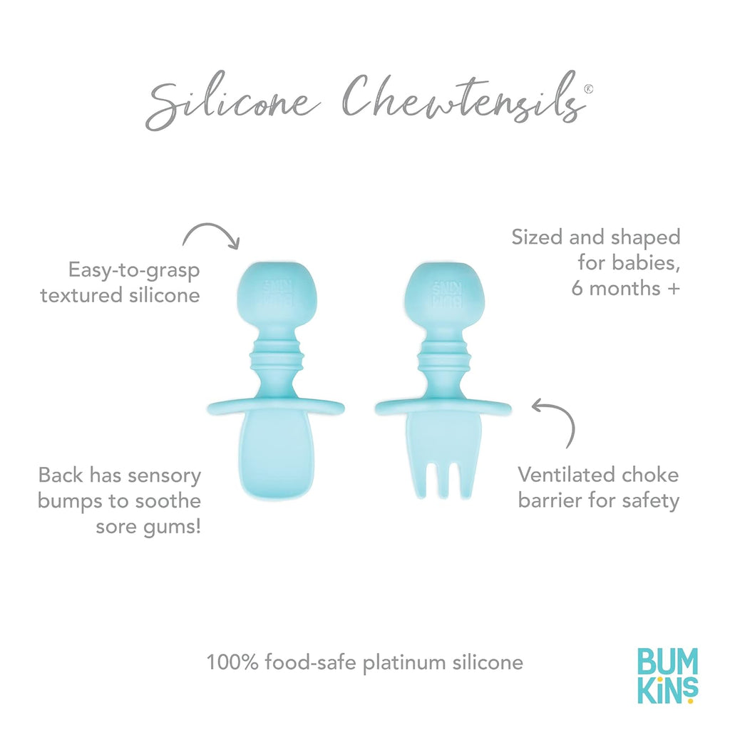 Bumkins Baby Utensils Set, Chewtensils Silicone Spoons for Dipping, Self-Feeding, Baby Led Weaning, Trainer Learning First Stage Eating, Soft Practice Fork and Spoon, Babies 6 Months, Blue