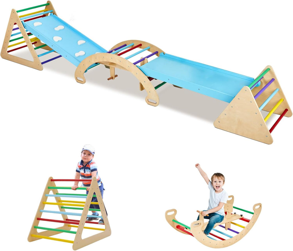9-in-1 Climbing Triangle Set with Detachable Wooden Climbing Arch for Rocking Horse and Climbing, Indoor Triangle Jungle Playground Gym for Toddlers