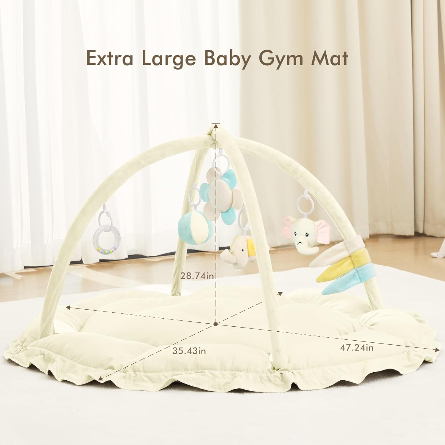 ANGELBLISS 5 in 1 Baby Play Gym Mat, Reversible Tummy Time Mat with 5 Sensory Toys for Stage-Based Developmental, Thick & Large Baby Activity Center from Newborn to Toddler (Beige)