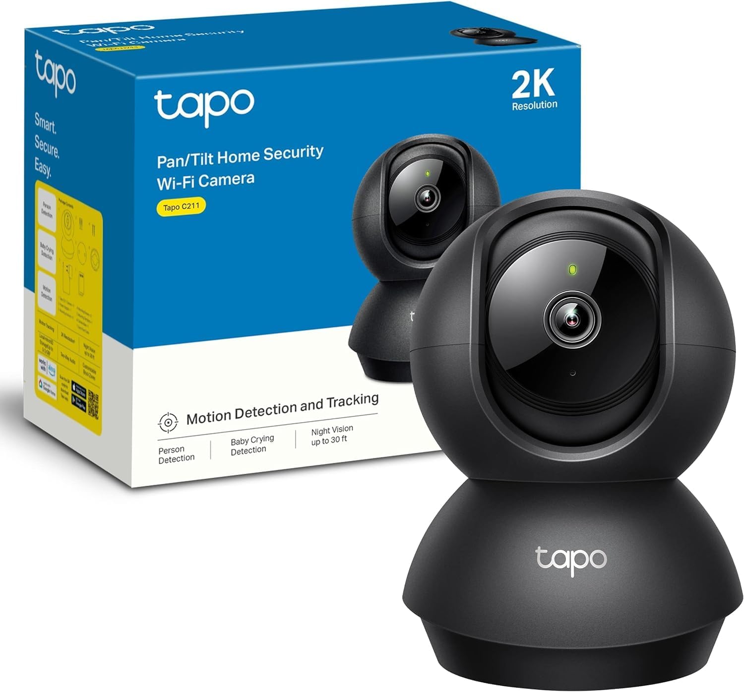 Tapo TP-Link 2K Pan/Tilt Indoor Security Camera for Baby Monitor, Pet Camera | Motion Detection & Tracking | 2-Way Audio | Cloud & SD Card Storage | Works w/Alexa & Google Home | Black C211