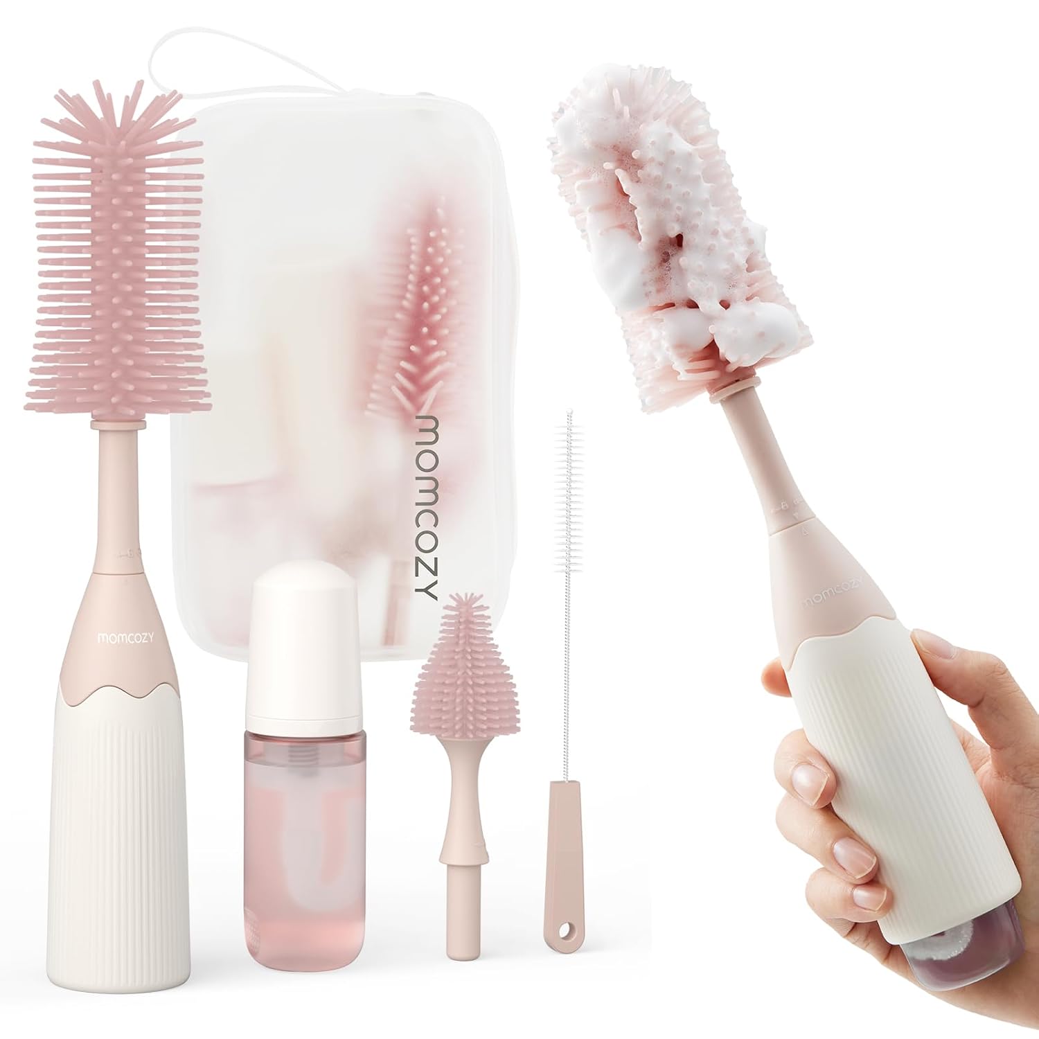 Momcozy Bottle Brush Kit, Innovative Push-Press Design for Better Cleaning - Baby Bottle Cleaner Brush for Baby Bottle, Breast Pumps, Nipples, and More - Can Generate Foam for Better Cleaning, Pink