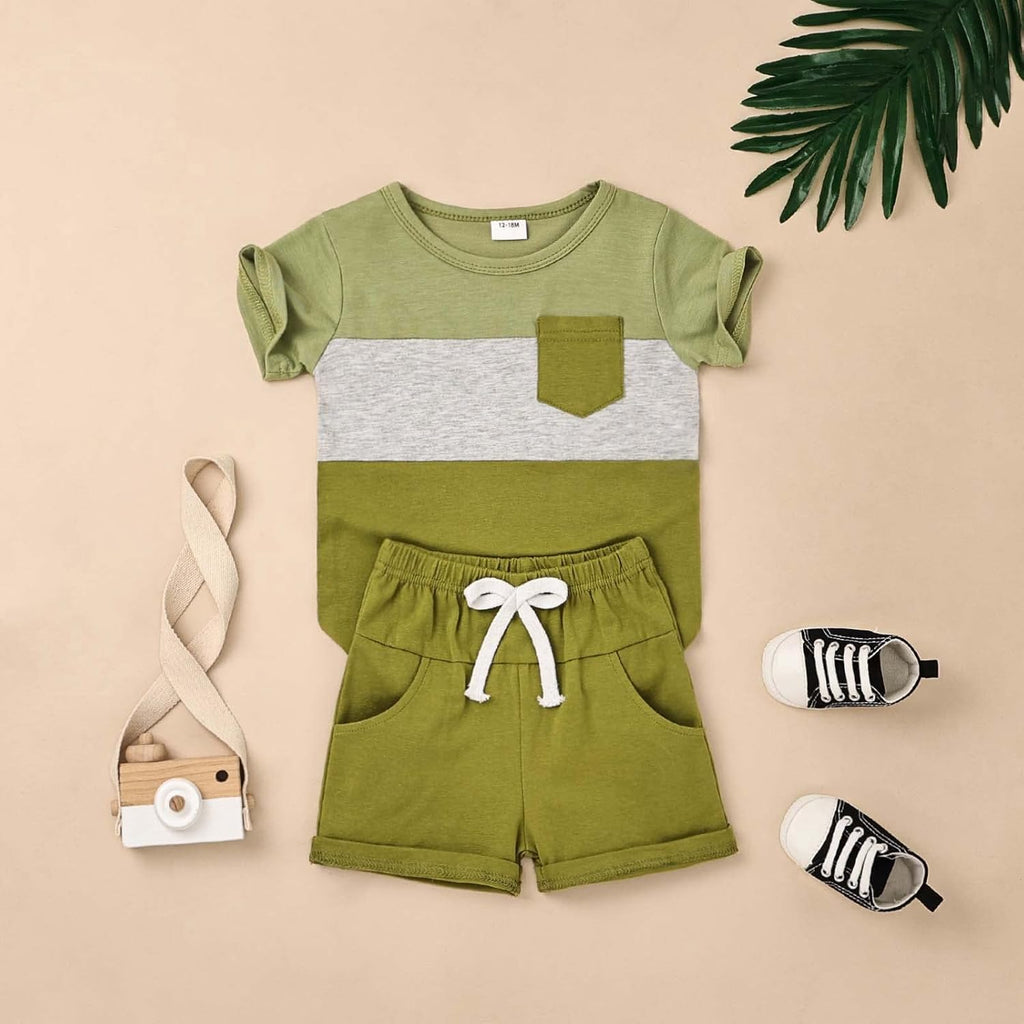 Baby Boy Clothes Toddler Boy Summer Outfits Short Sleeve Patchwork Top T-shirt & Pocket Pant Set 2 Piece 12 Months-4T