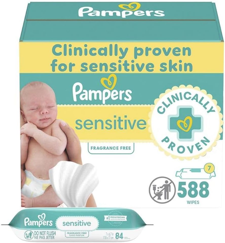 Pampers Baby Wipes Sensitive, Water Based Wipes, Hypoallergenic and Unscented for Babies, 588 Wipes Total (7 Refill Packs)