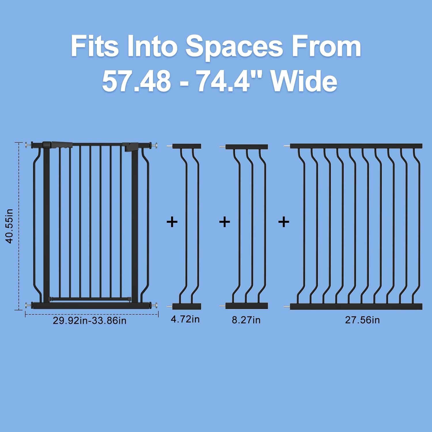 WAOWAO Extra Tall 40.55" Baby Gate 57.48-74.4" Wide Pressure Mounted Walk Through Swing Auto Close Safety Black Metal Toddler Child Dog Pet for Indoor Stairs,Doorways