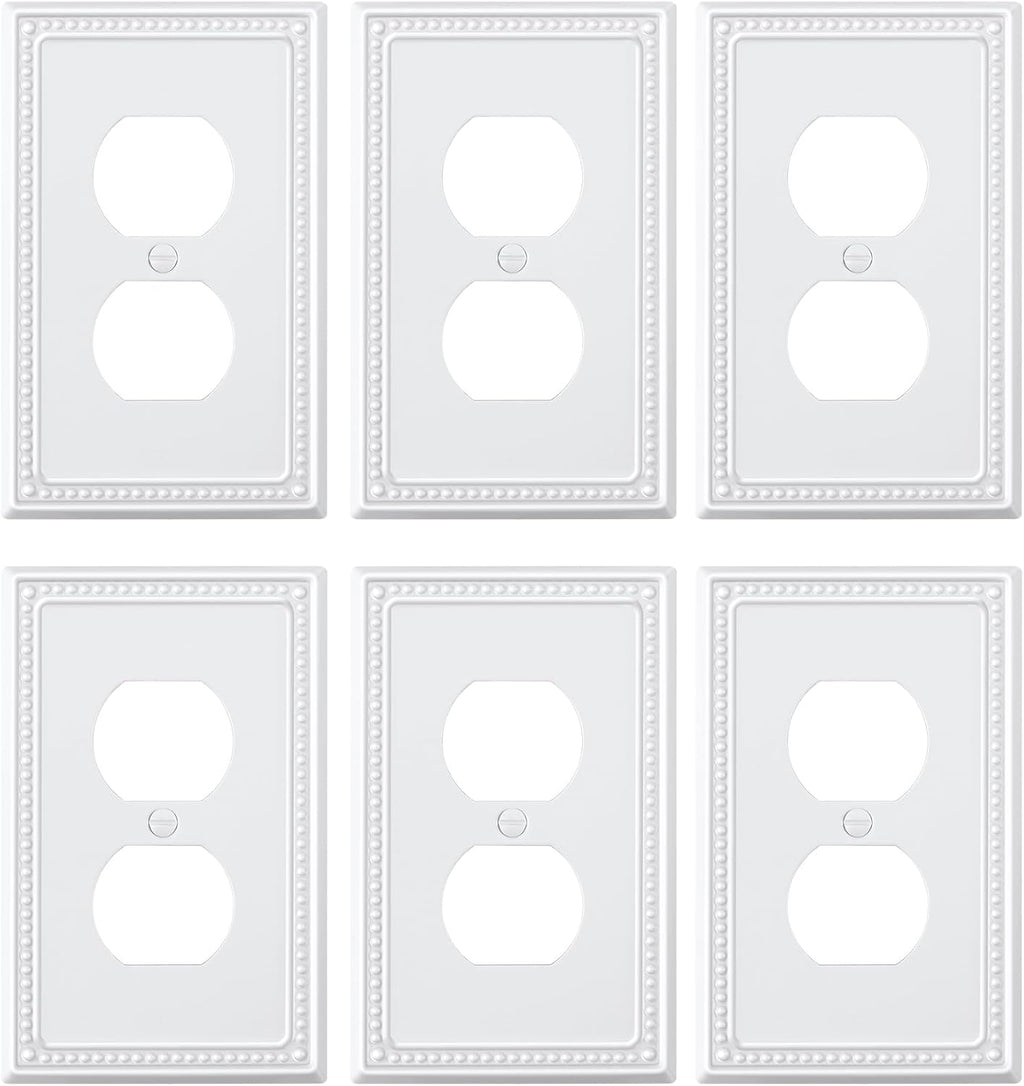 6-Pack Duplex Outlet Cover Plate, Pure White Metal Wall Plates for Electrical Outlets, 1 Gang Receptacle Light Switch Cover, Pearls Decorative Switch Plates and Outlet Covers