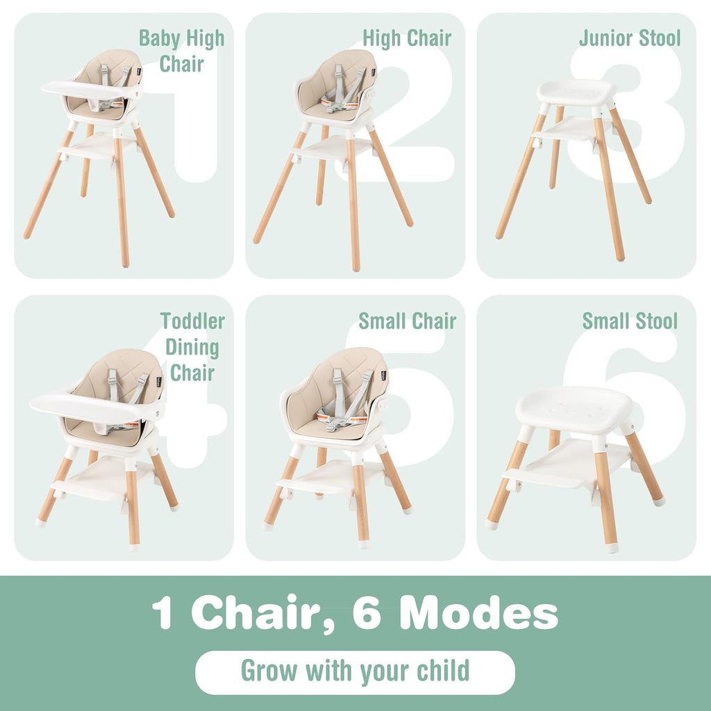 BABY JOY High Chair, 6 in 1 Convertible Wooden Highchair for Babies & Toddlers with Adjustable Legs, Double Removable Tray, Safety Harness & Waterproof PU Cushion (Beige)