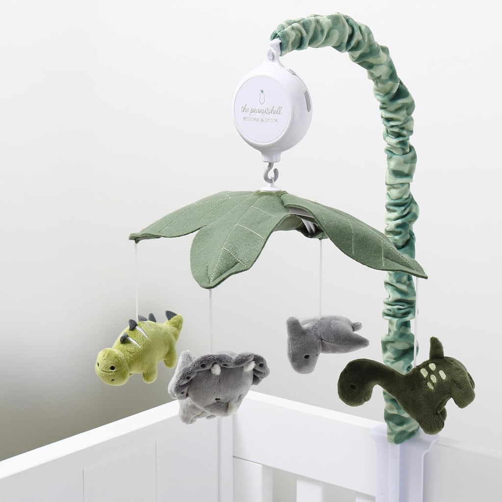 The Peanutshell Crib Mobile for Boys or Girls - Grey and Green Camo Musical Baby Crib Mobile with 12 Lullabies, Dino Baby Dinosaur Nursery Decor