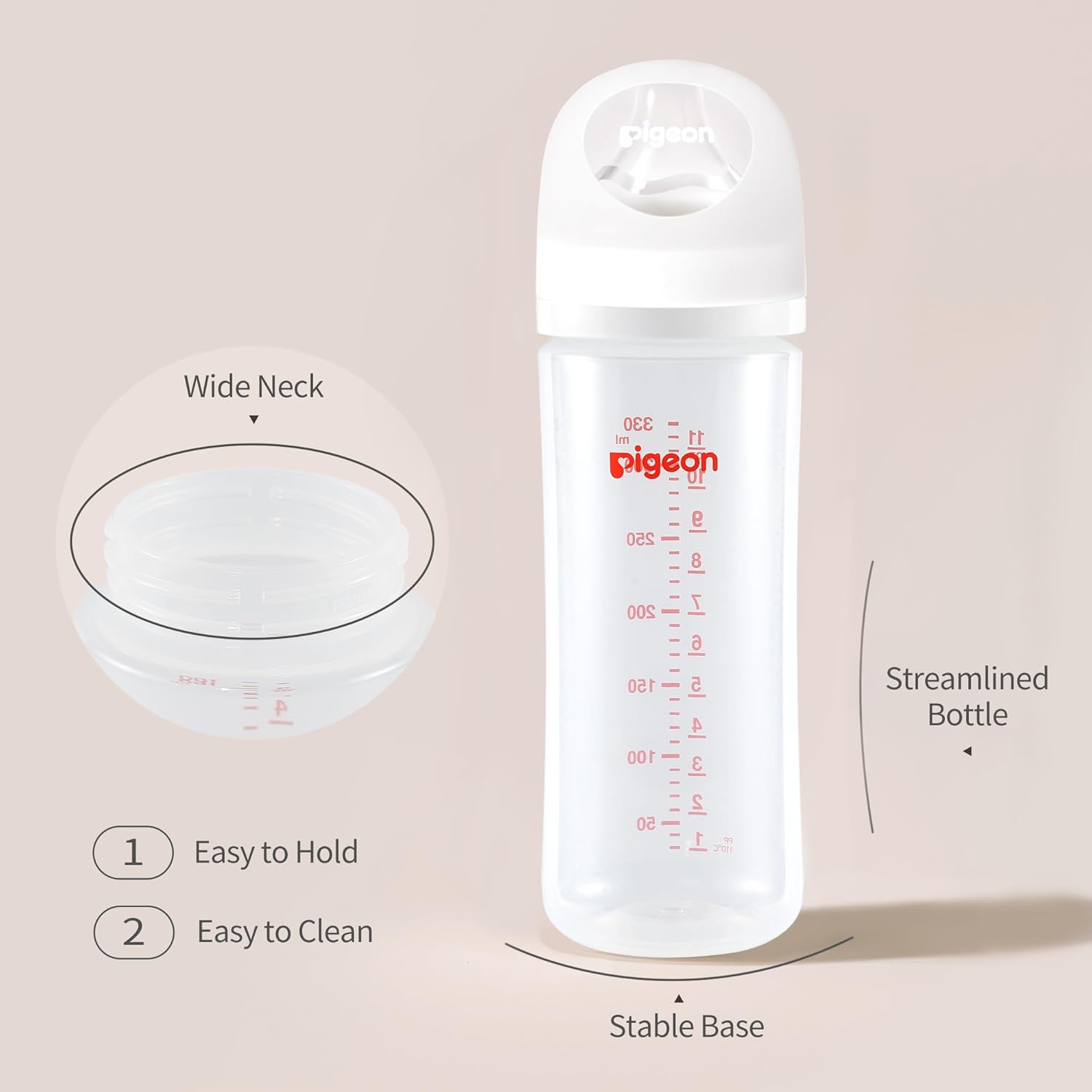 Pigeon PP Nursing Bottle Wide Neck, Anti-Colic, Streamlined Body, Natural Feel, Easy to Clean, 11.2 Oz (Pack of 3), Includes 3pcs L Nipples (6m+)