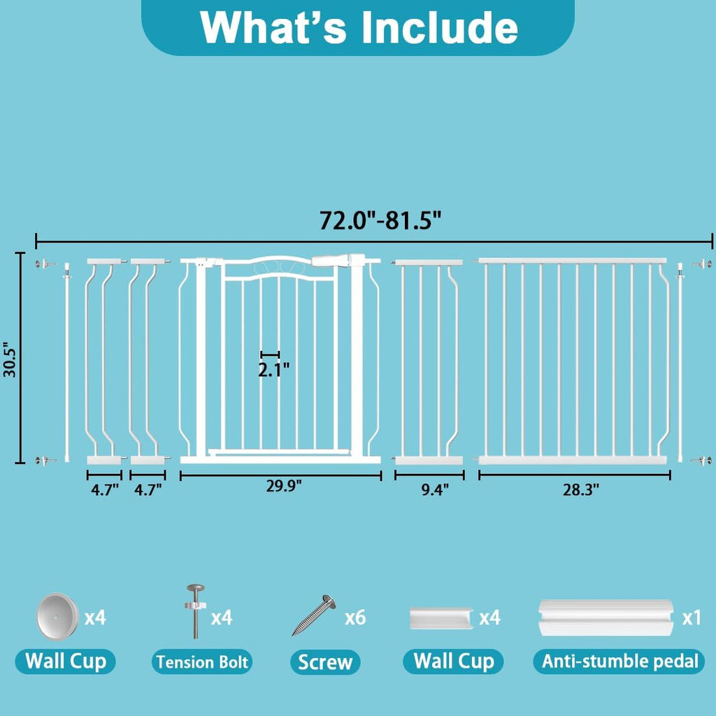 Extra Wide Dog Gate for Doorways 72-81.5 in, Walk Through Long Baby Gates for Large Openings, No Drill Child Safety Gate for Pets Kids Toddler, Doggy Barrier Indoor Metal, 30" Tall White