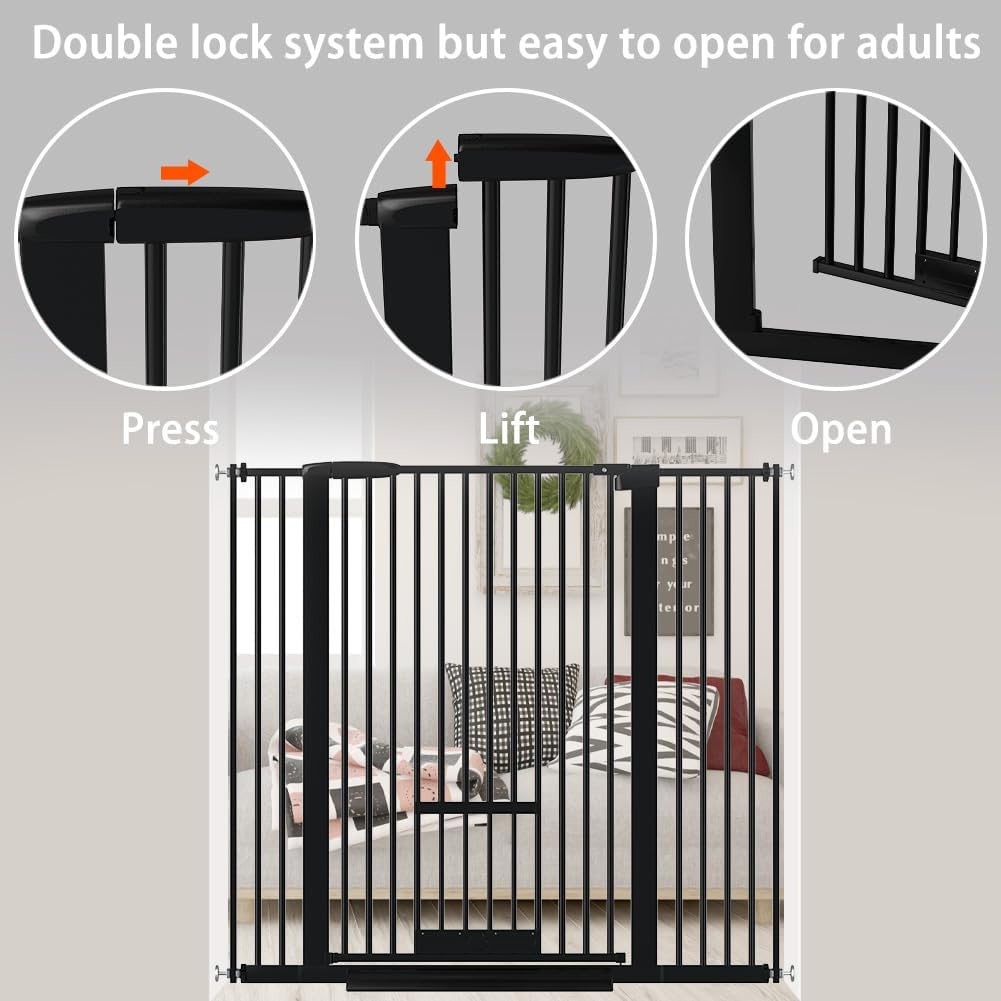 40.55" Tall 1.37" Ultra Narrow Spacing Dogs Pets Baby Gate with Door for Doorway Cat Safety Proof Indoor 73.43"-81.30" Extra Wide Puppy Pressure Mounted No Drill White Black Metal Hallway