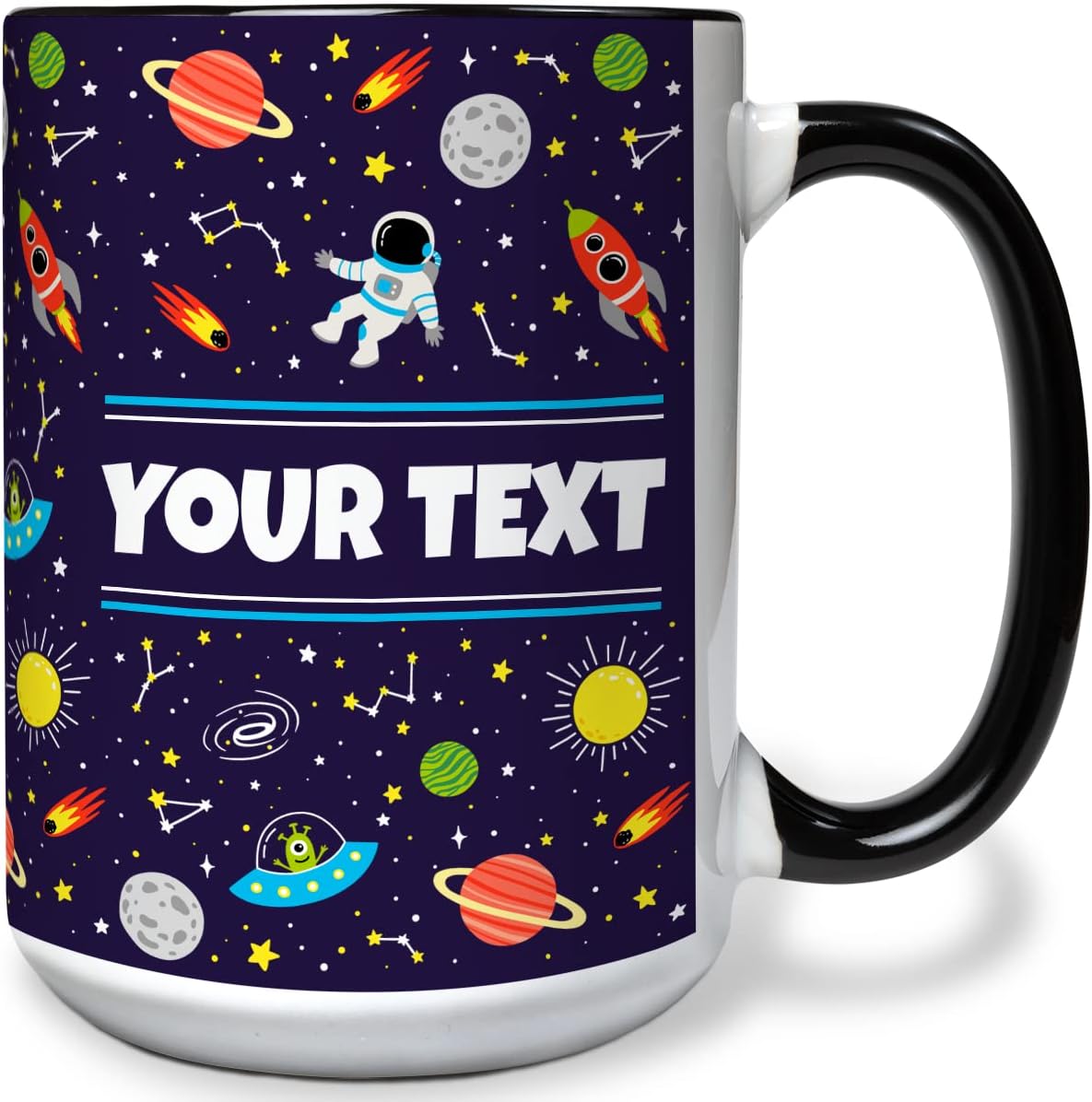Personalized Mug for Kids - Outer Space - Custom Name/Text, Ceramic Hot Chocolate/Cocoa/Coffee Cup for Boys/Girls, Birthday/Christmas/Holiday Gift - 15 oz, Black Handle