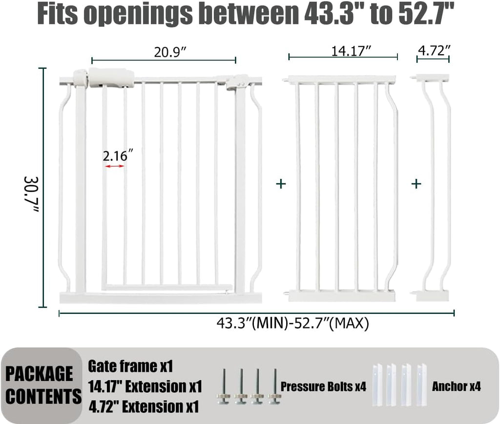 Extra Wide Baby Gate - 48-52.7 Inch Tension Mounted Safety Child & Pet Gate - White Metal - Walk Through - Long - for House Doorways & Stairs