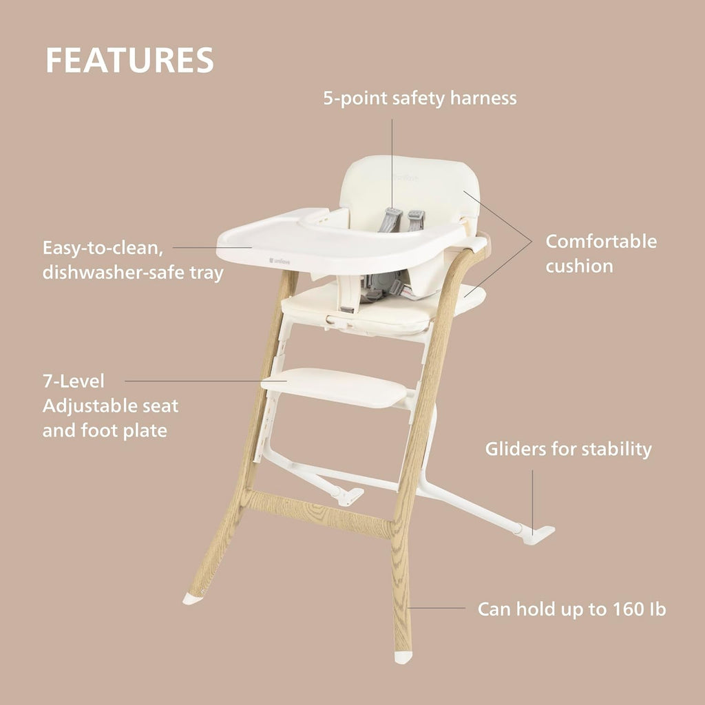 Unilove Grow with Me 2-in-1 Baby High Chair – Adjustable Toddler Chair with Baby Set, Removable Harness, One-Hand Seat & Footrest Adjustment, for Ages 6-60 Months - Vanilla White