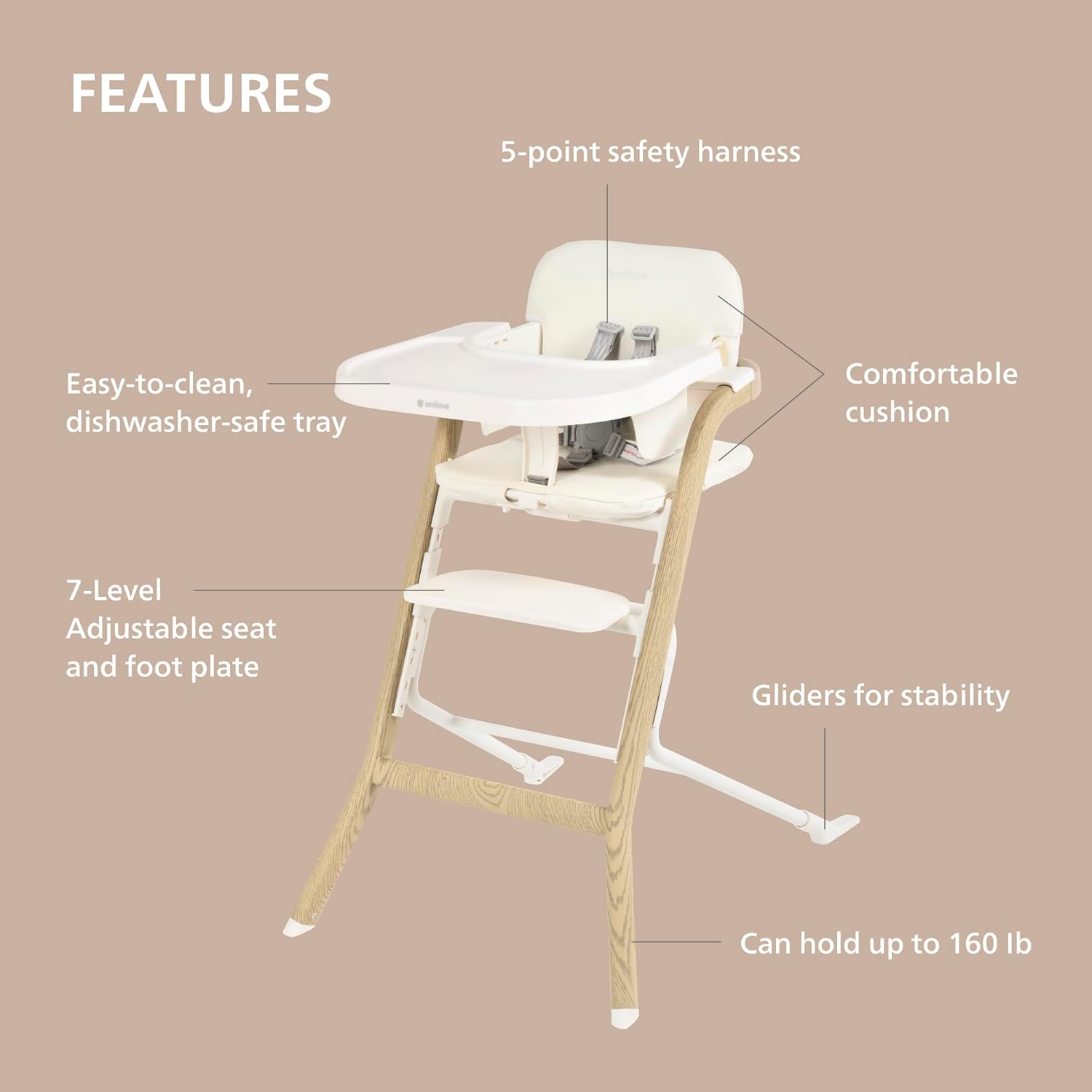 Unilove Grow with Me 2-in-1 Baby High Chair – Adjustable Toddler Chair with Baby Set, Removable Harness, One-Hand Seat & Footrest Adjustment, for Ages 6-60 Months - Sandy Beige