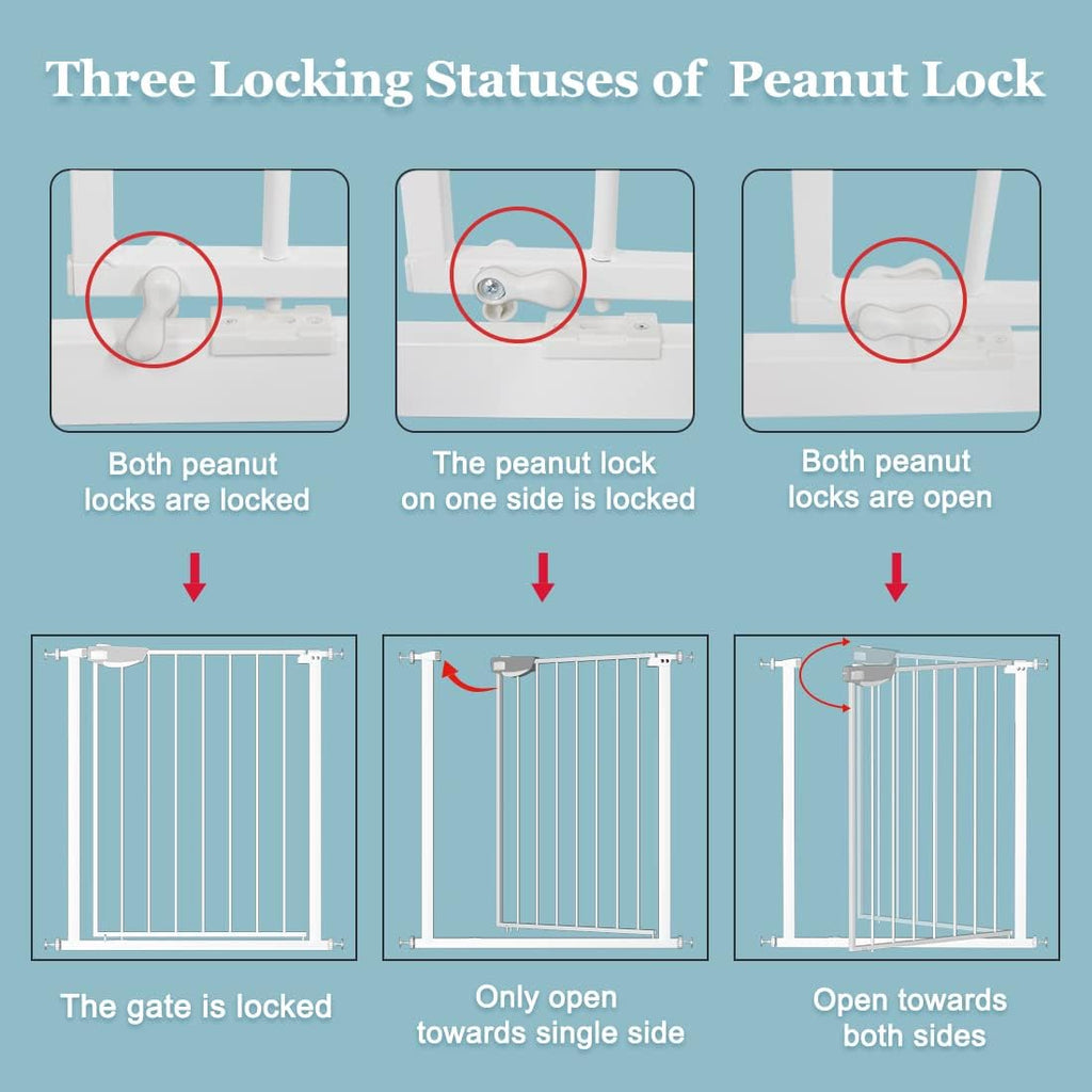 WAOWAO Triple Lock Baby Gate Extra Wide 76.77-81.49" Pressure Mounted Walk Through Swing Auto Close Safety White Metal Dog Pet Puppy for Stairs,Doorways,Kitchen