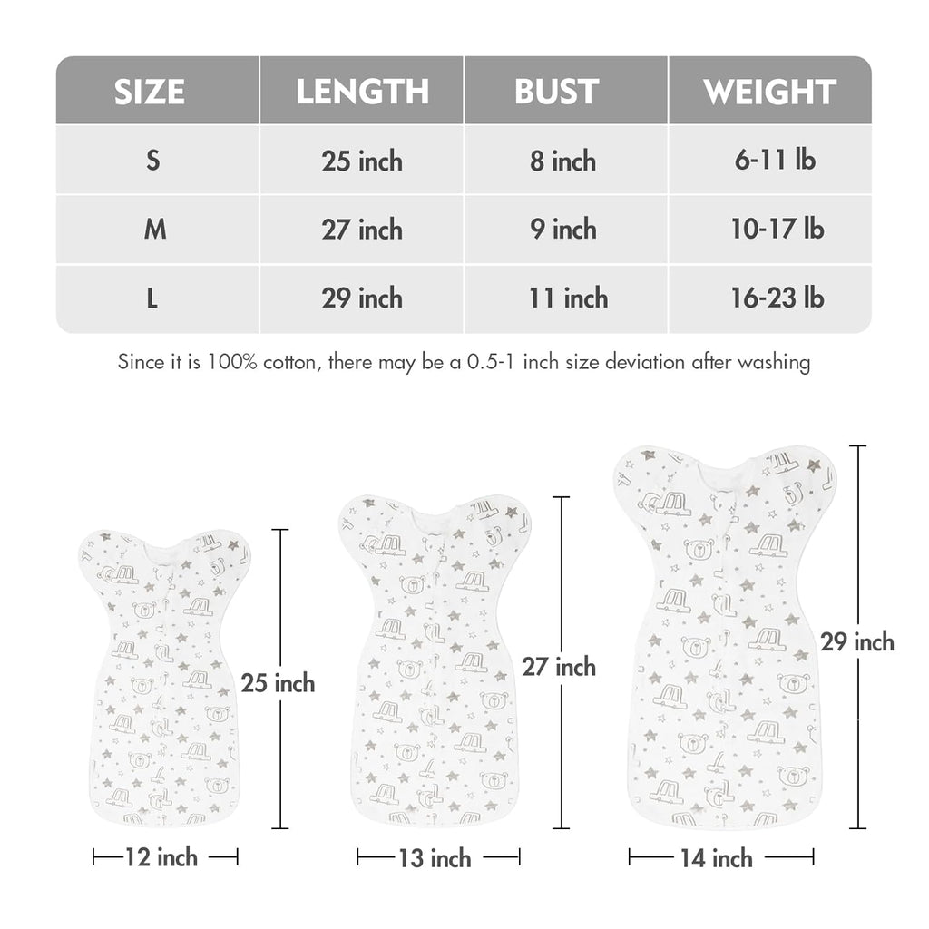 Baby Transition Swaddle Sack, Baby Swaddle Arms Up Transition Bag,Snug fit Calms Startle Reflex, Breathable Cotton Newborn Sack, 2-Way Zipper Cars & Bears (0-3 Month)