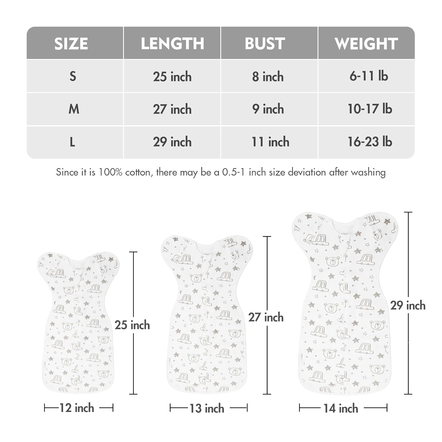 Baby Transition Swaddle Sack, Baby Swaddle Arms Up Transition Bag,Snug fit Calms Startle Reflex, Breathable Cotton Newborn Sack, 2-Way Zipper Cars & Bears (0-3 Month)