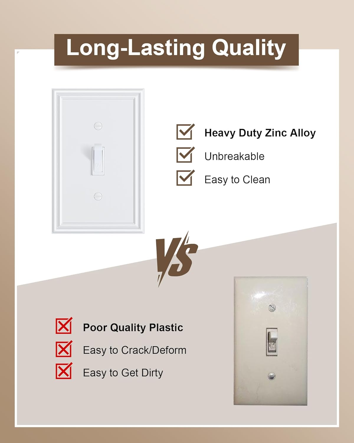 4-Pack Single Toggle Light Switch Cover Plate, Durable Solid Zinc Alloy Decorative Switch Plate Covers, Pure White 1 Gang Wall Plate, Corrosion Resistant