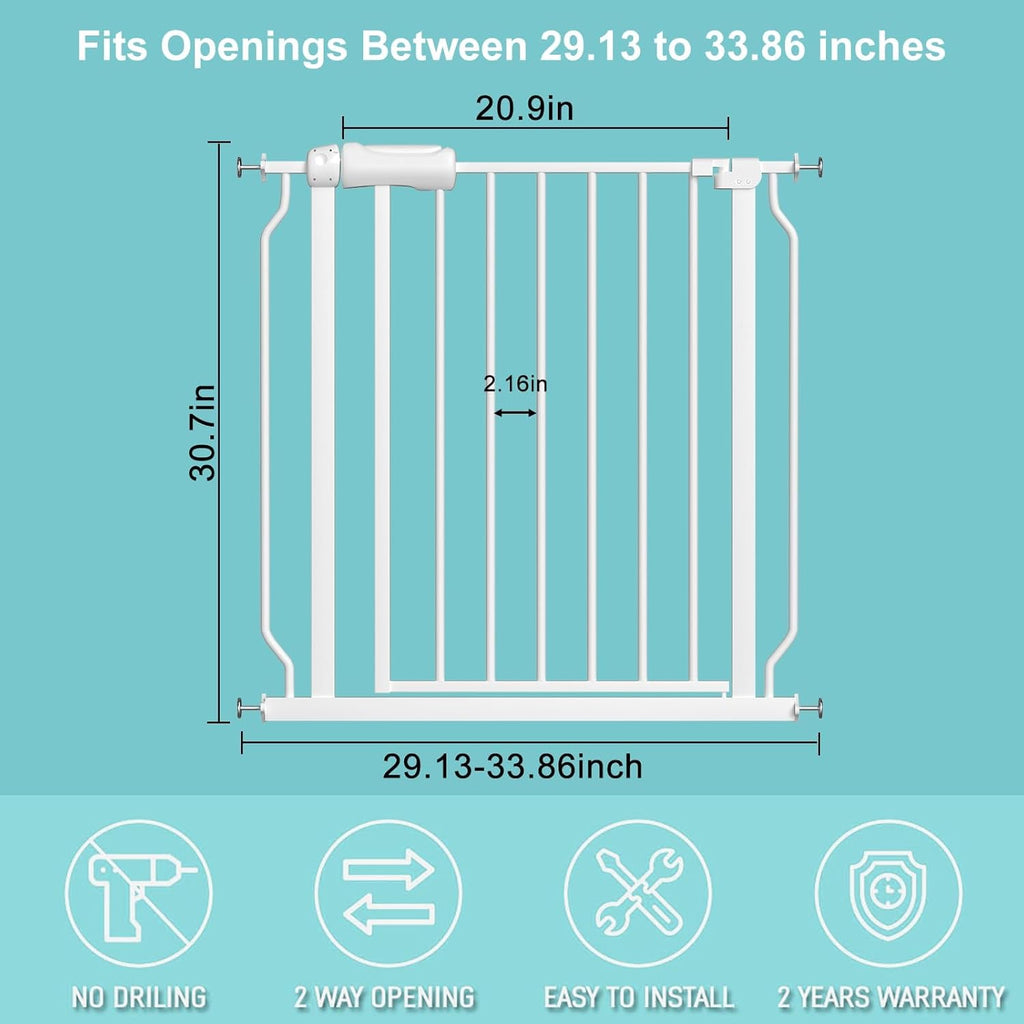 WAOWAO Baby Gate 29.13-33.82" Extra Wide Pressure Mounted Walk Through Swing Auto Close Safety White Metal Toddler Kids Child Dog Pet Puppy for Stairs,Doorways,Kitchen