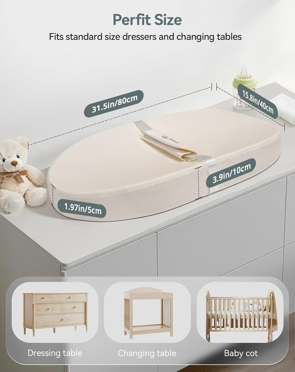 COMOMY Baby Changing Pad with Wipeable & Waterproof PU Cover, Contoured Diaper Changing Pad for Dresser with Non-Slip Safety Belt, Portable and Lightweight, Large Cushioned Foam, Beige