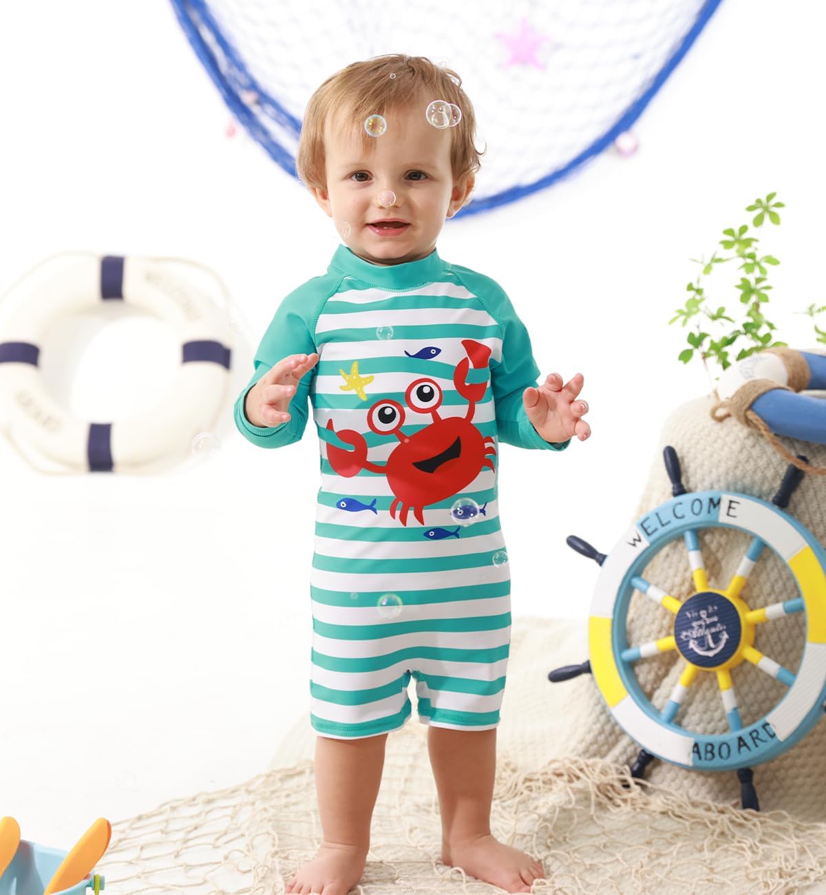 uideazone Baby Boys One Piece Swimsuit Long Sleeve UPF 50+ Rash Guard Bathing Suit Swimwear with Sun Hat 0-24 Months
