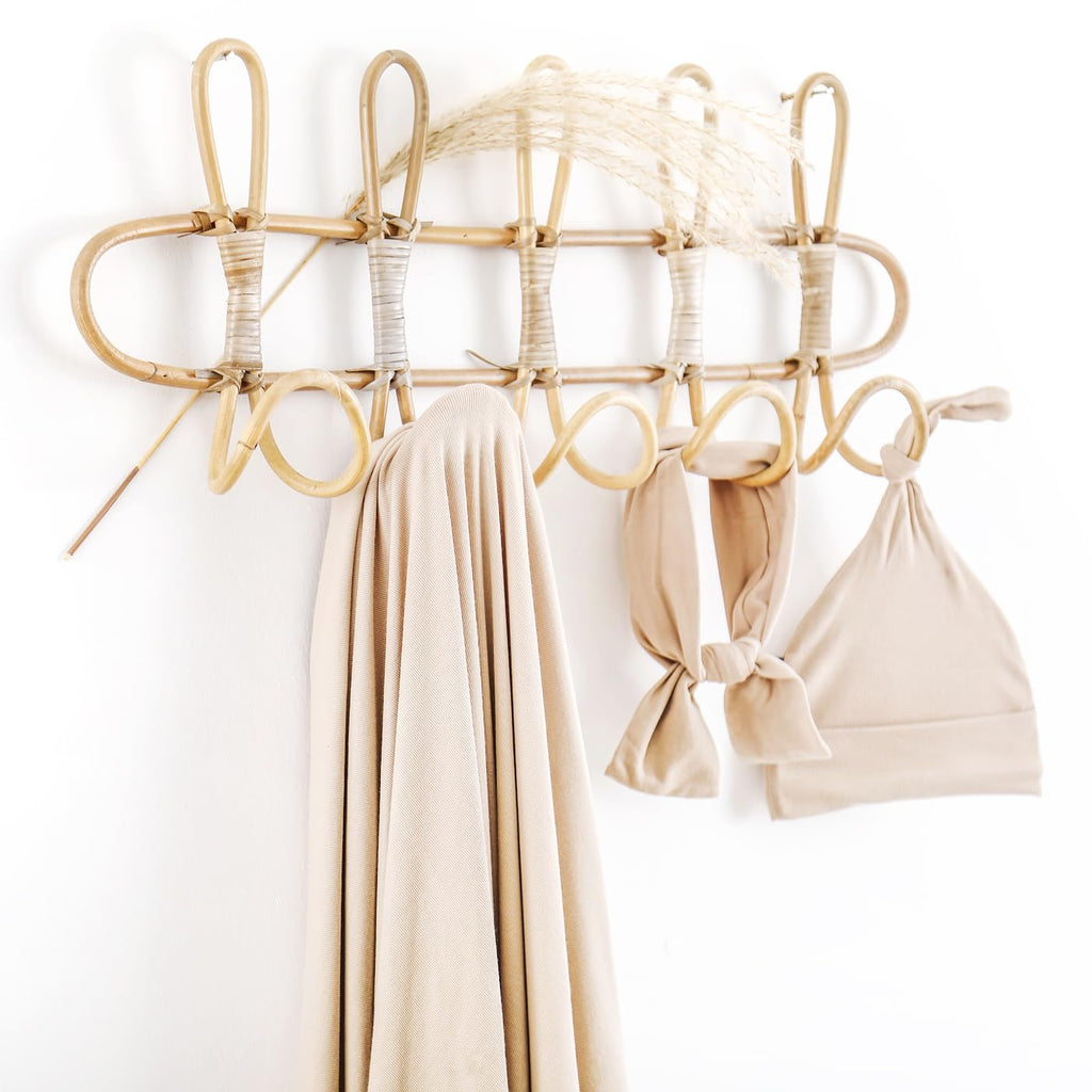 GRSSDER Newborn Swaddle Blanket, Ultra Soft Jersey Receiving Blanket with Matching Headband and Beanie Set 33×44", Stretchy Baby Neutral Swaddle Wrap for Girls and Boys