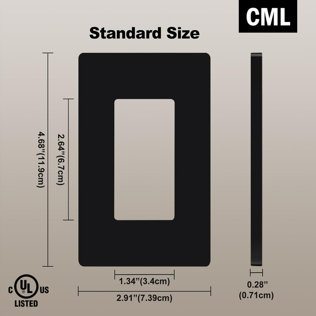 CML Black Decorator Screwless Wall Plate, 8 Pack Receptacle Outlet Cover, 1-Gang Hidden Screw Smooth Face Switch Plates, Standard Size 2.91”x4.68”, UL Listed