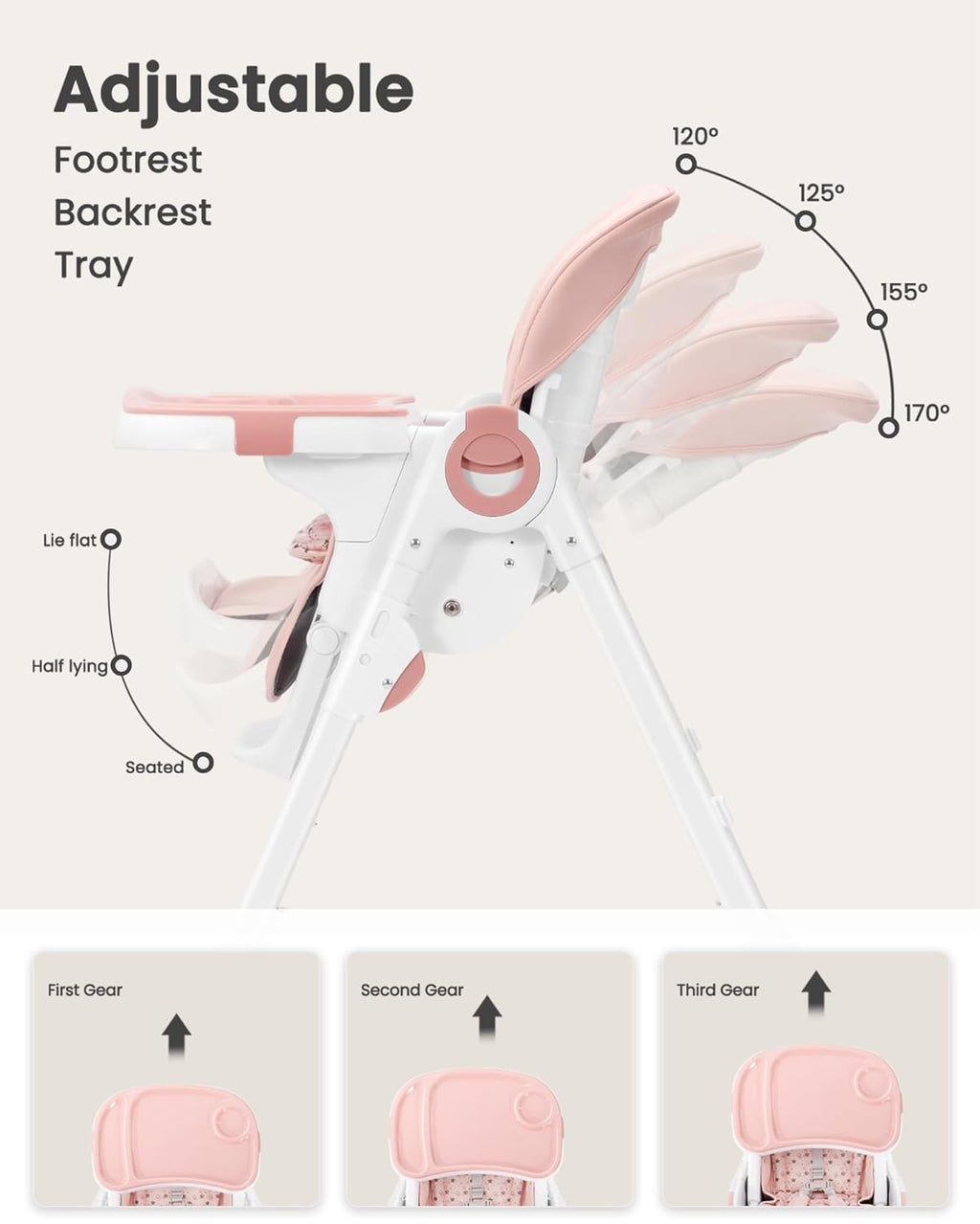 Foldable High Chair with Soft Cushion, High Chairs for Babies and Toddlers, Height Adjustable Feeding Chair, Adjustable Backrest and Footrest, Lockable Wheels, Star Pink