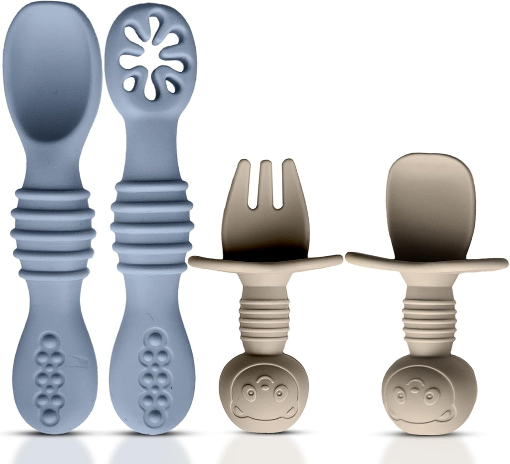 4pc Silicone Baby Spoons Self Feeding Baby Utensils 6-12 Months - 3 Baby Spoon - 1 Baby Fork - Toddler Cutlery Set - BPA Free, Dishwasher Safe - Baby Eating Essentials (Gray/Beige)