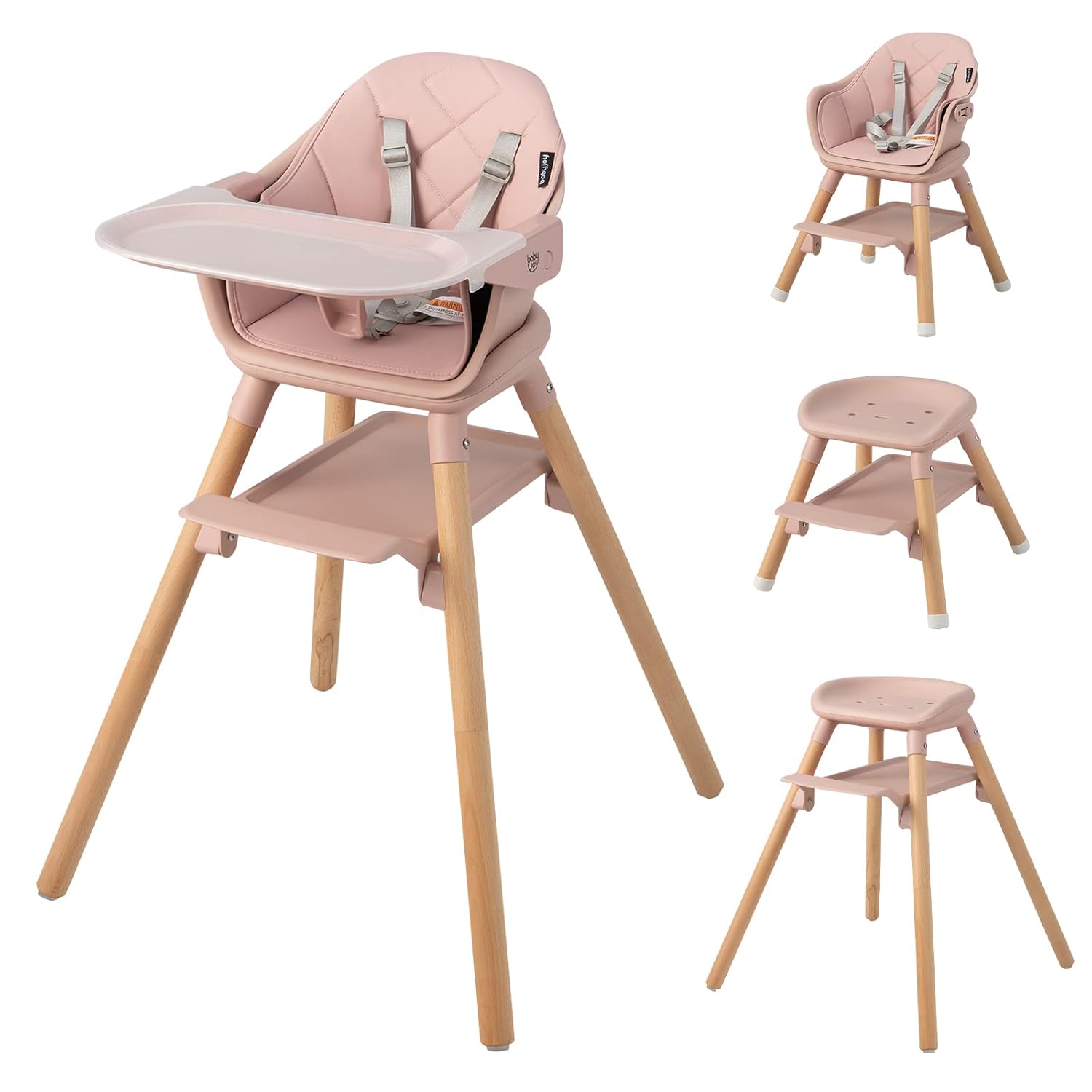 BABY JOY Baby High Chair, 6 in 1 Convertible Wooden High Chair for Babies & Toddlers with Adjustable Legs, Double Removable Tray, Safety Harness & Waterproof PU Cushion (Pink)