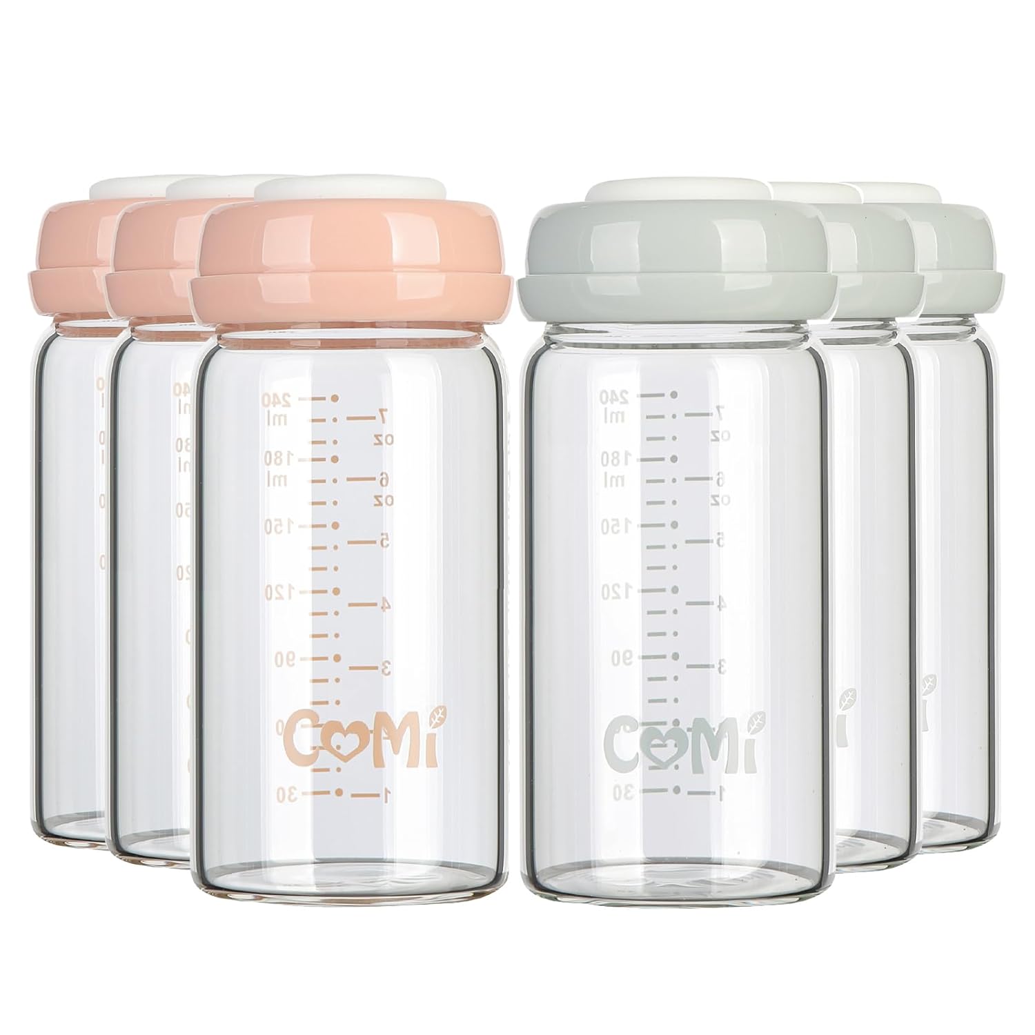 COMI Wide Neck Glass Breastmilk Collection n Storage Bottle, 6 Packs, 8oz with Screw Ring Sealing Disk; Re-markable Sealing Disc. BPA Free, Fits Breast Pumps & Nipples (3 Gray Lids + 3 Pink Lids)