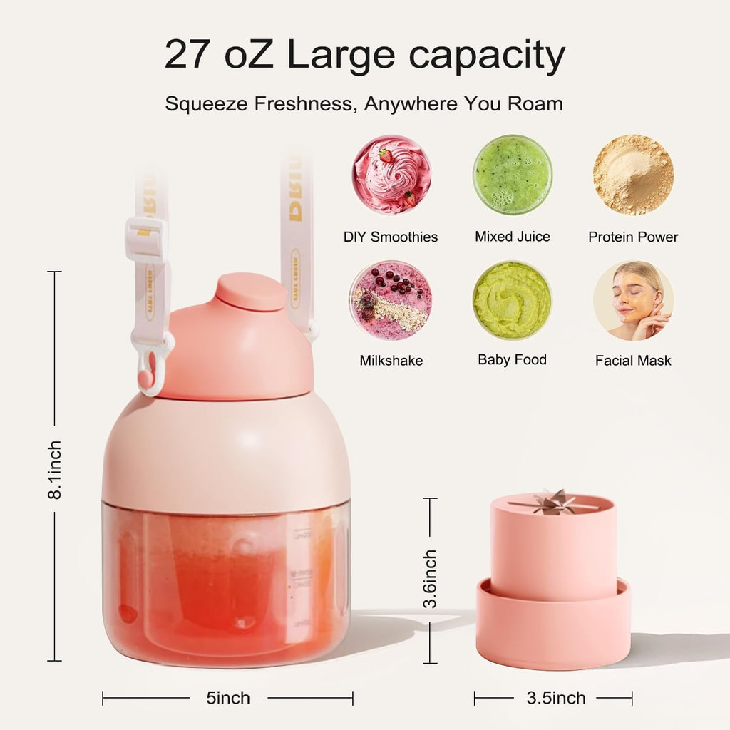 Portable Blender, Personal Blender for Shakes and Smoothies, 27oz Cup with 10 Blades, Shoulder Strap and Lid with Straw, Type-C USB Rechargeable, Dishwasher Safe Parts, BPA Free, Pink