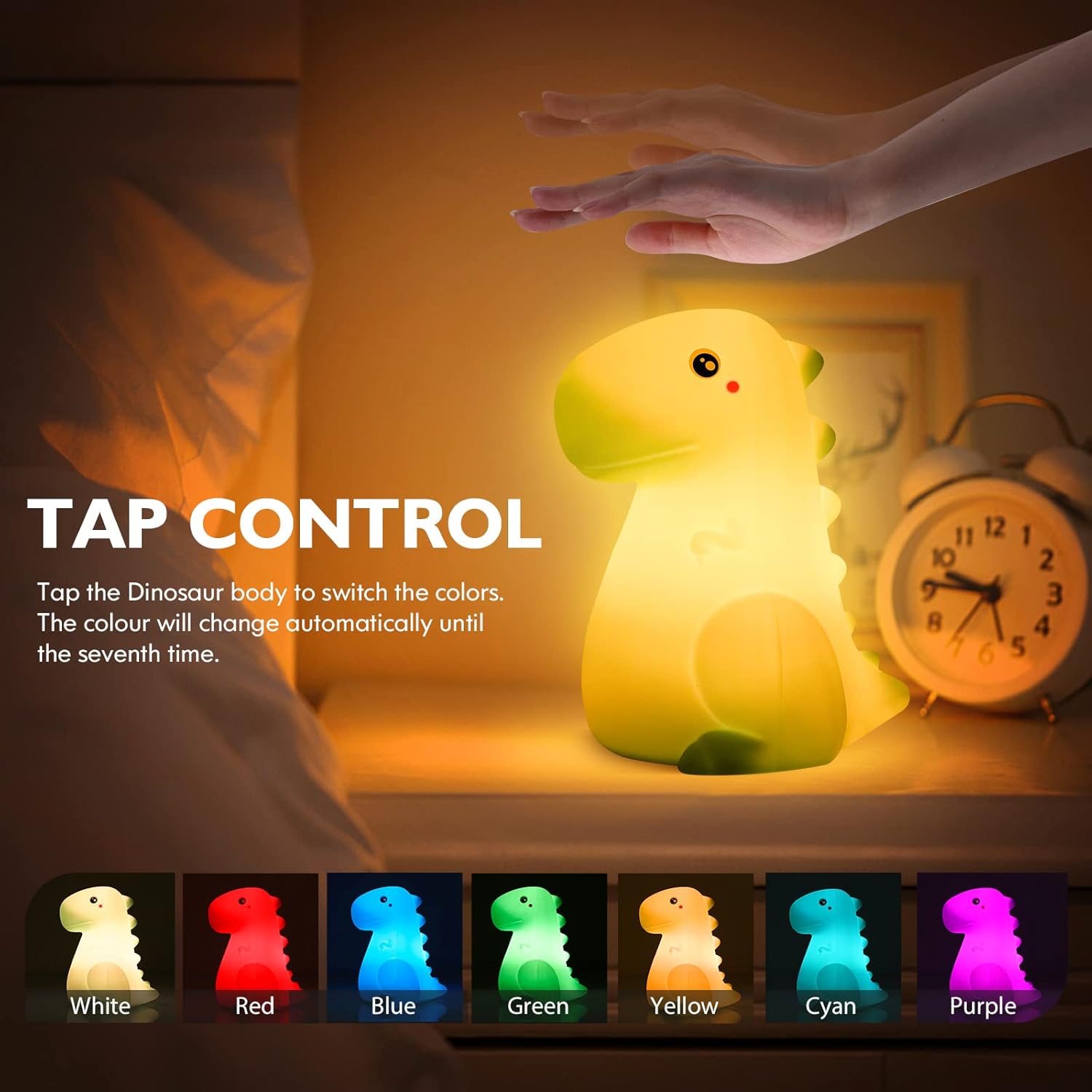 LED Dinosaur Night Light for Kids, Touch Sensor Silicone 7 Colors Room Decor for Boys Girls, Rechargeable Nursery Baby Nightlight Dinosaurs Lamp, Cute Bedside Lamp Funny Gifts