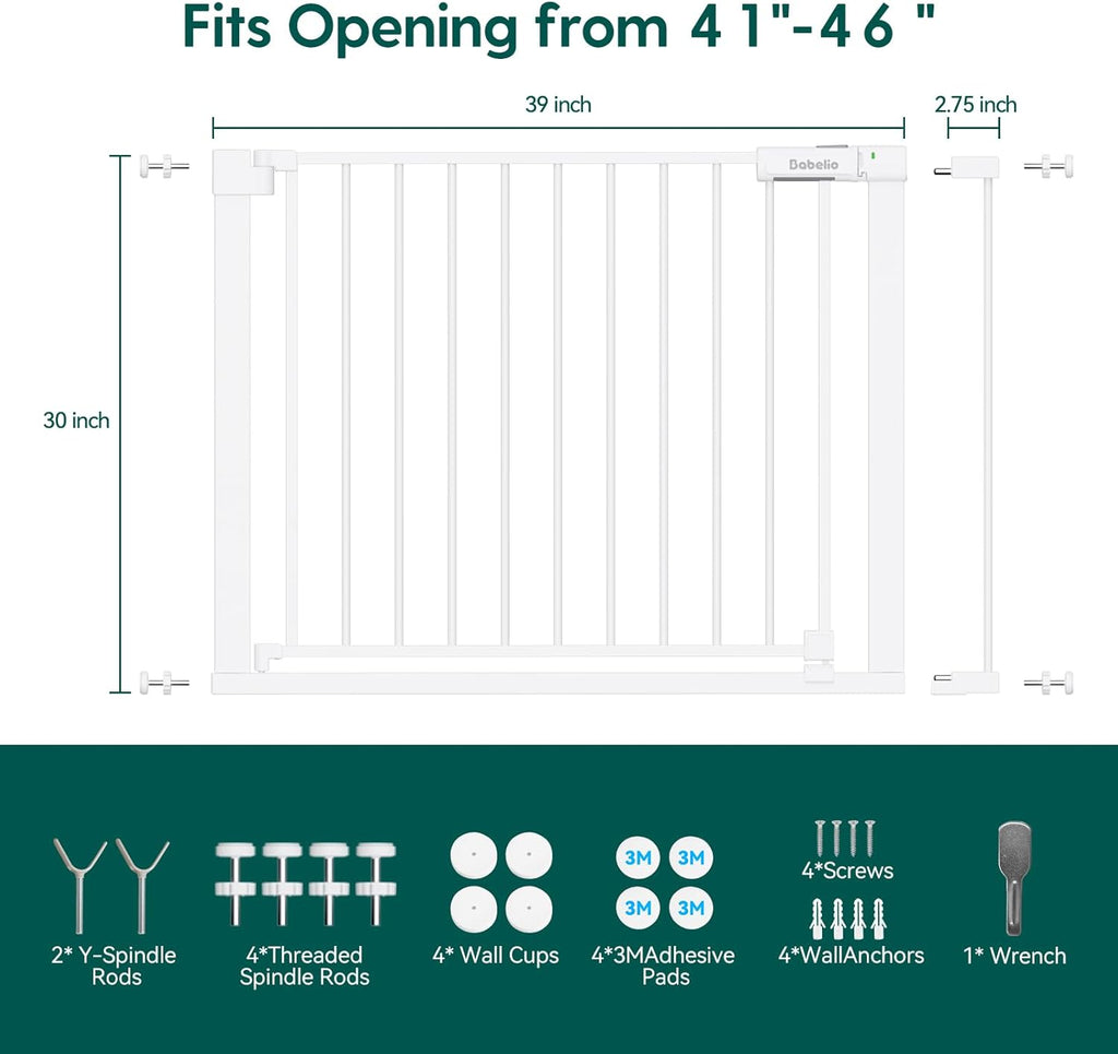BABELIO Baby Gate for Doorways and Stairs, 41-46" Pet Gate with Wide Walk Thru Door and Lock Indicator, No Drill Pressure Mounted Safety Gate with Double Lock and Self-Closing, White