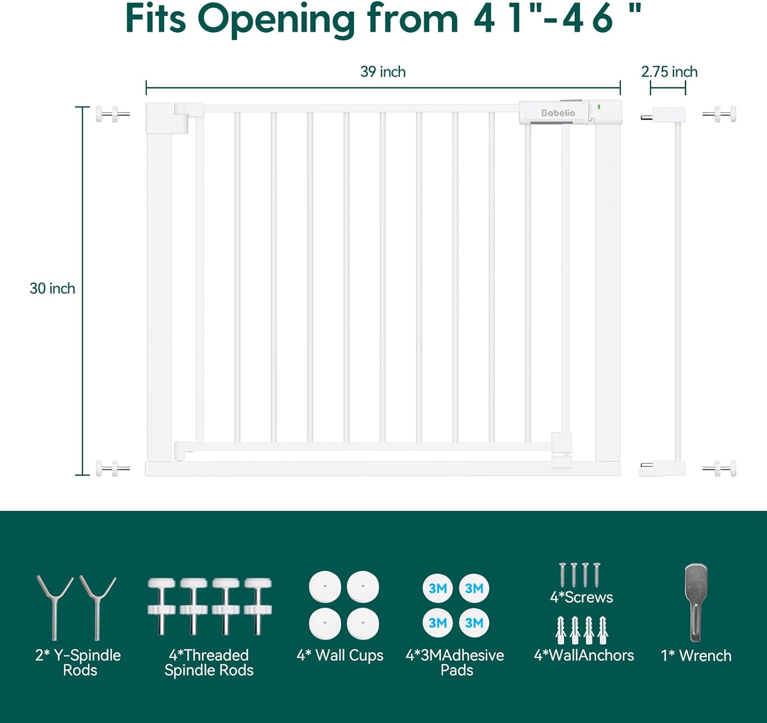 BABELIO Baby Gate for Doorways and Stairs, 41-46" Pet Gate with Wide Walk Thru Door and Lock Indicator, No Drill Pressure Mounted Safety Gate with Double Lock and Self-Closing, White