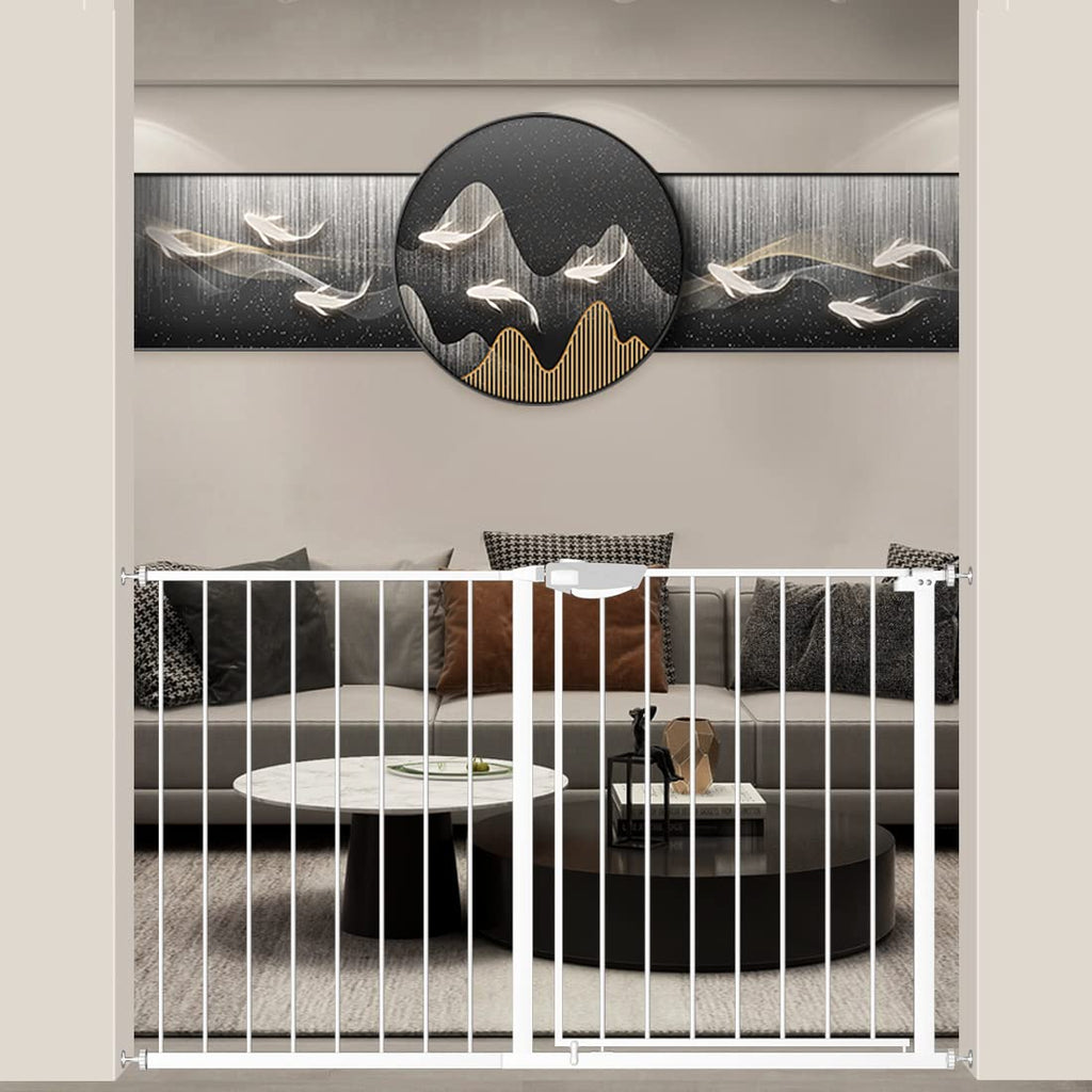 WAOWAO Triple Lock Baby Gate Extra Wide 49.21-53.14" Pressure Mounted Walk Through Swing Auto Close Safety White Metal Dog Pet Puppy for Stairs,Doorways,Kitchen