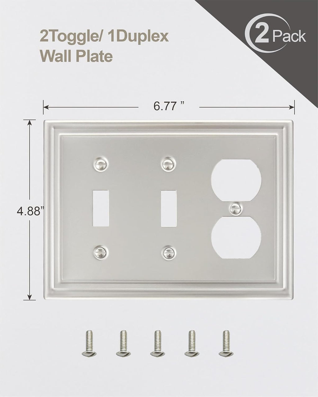 2-Pack Combination 2 Toggle/1 Duplex Wall Plate, Satin Nickel Switch Plate and Outlet Cover, Midsize, A035 Series