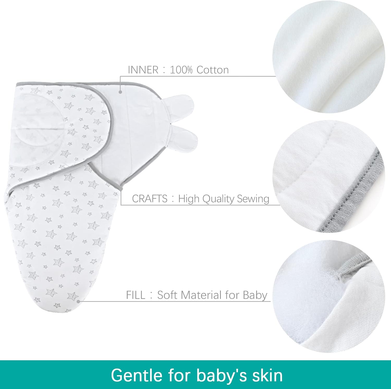 Biloban Baby Swaddles 0-3 Months for Boy Girls, Warm Quilted Baby Swaddle, Newborn Swaddle, Adjustable Swaddle Blanket, Lovely White Stars, 1 Pack