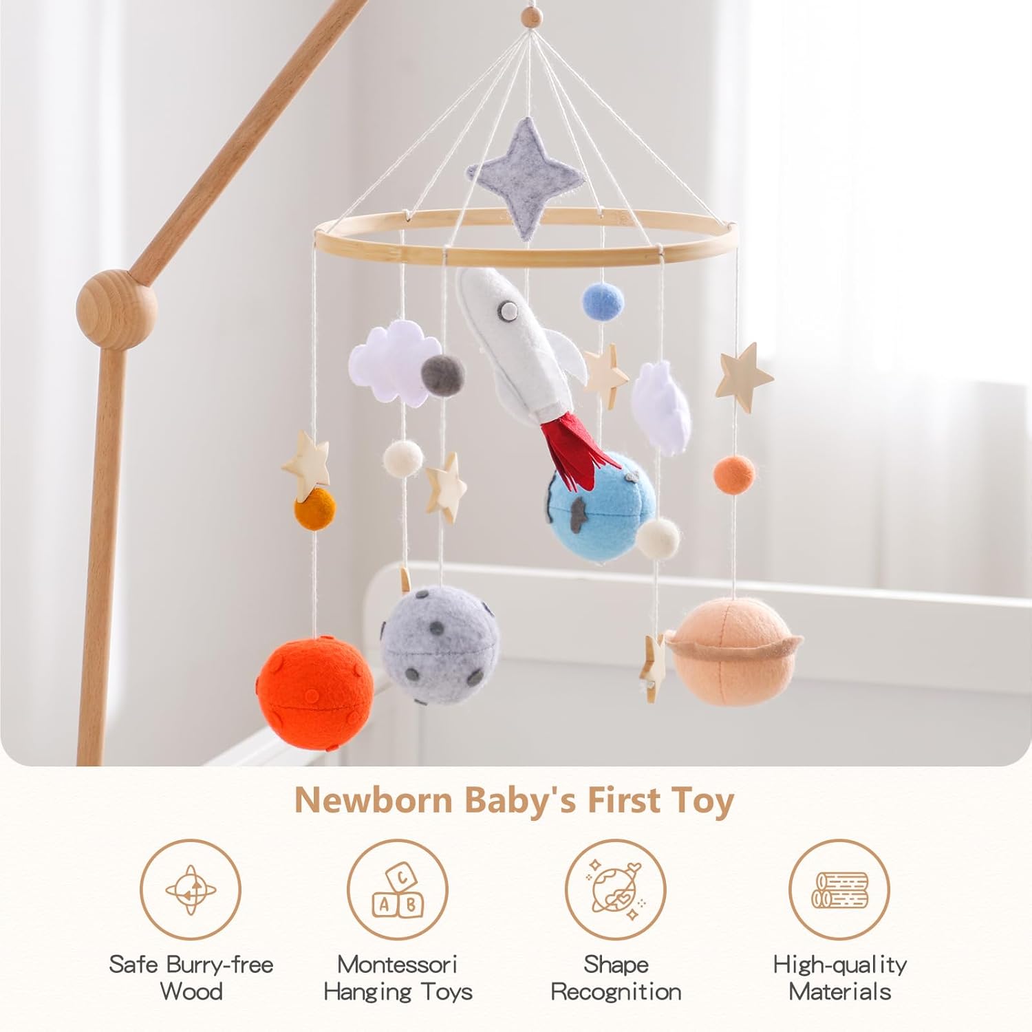 Baby Crib Mobile for Boys Girls | Felt Space Nursery Mobile Wooden Mobile for Crib | Astronaut Space Theme Nursery Bed Decoration Baby Mobile for Crib | Gift for Newborn Nursery Decor