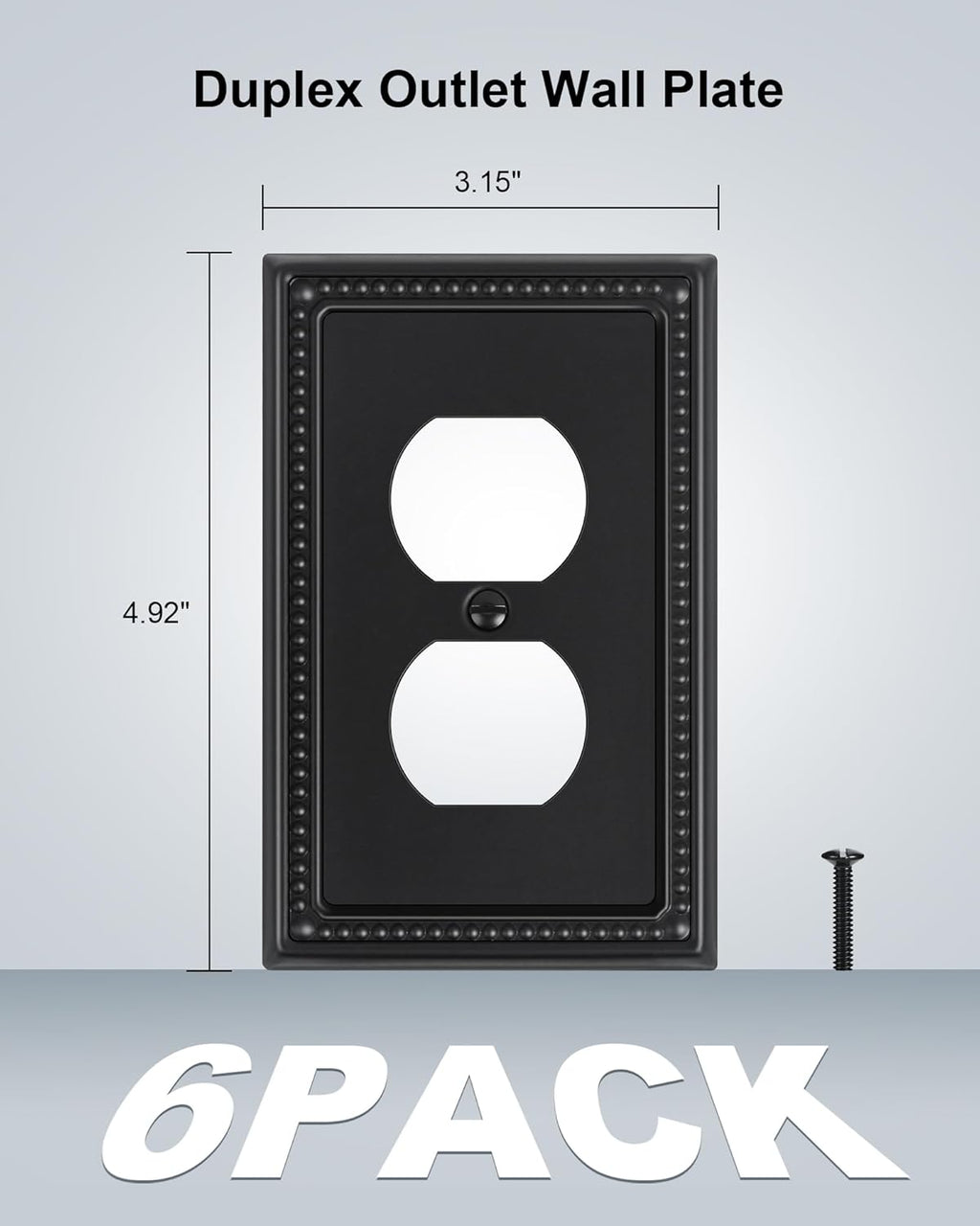 6-Pack Duplex Outlet Cover, Black Metal Wall Plates for Electrical Outlets, 1 Gang Receptacle Light Switch Cover, Pearls Beaded Decorative Switch Plates and Outlet Covers