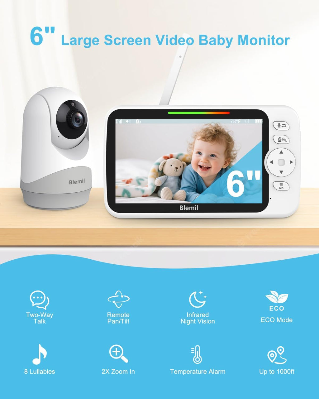 Upgrade Video Baby Monitor with Camera and Audio 6" Large Screen, 35-Hrs Battery, No WiFi Baby Monitor, Remote Pan/Tilt/Zoom Camera, 2-Way Talk, Night Vision, Temperature, 1000ft Range