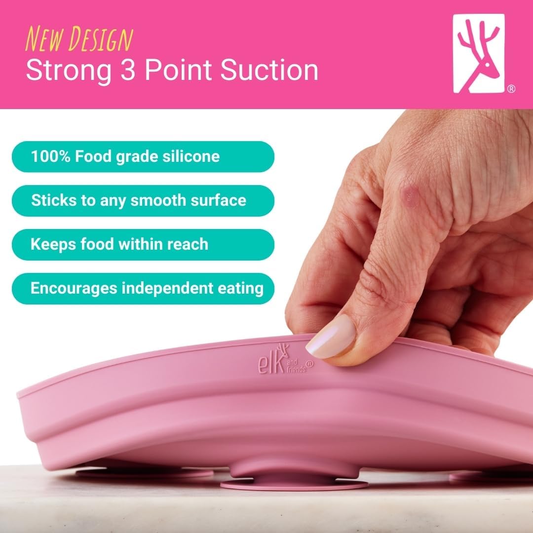 Elk and Friends Kids 6.7” Porcelain Divided Plates with Silicone Suction Sleeves | Suitable for Babies/Kids/Toddlers | Microwave & Dishwasher Safe | Non Slip | Snack Dishes | 2 Pack