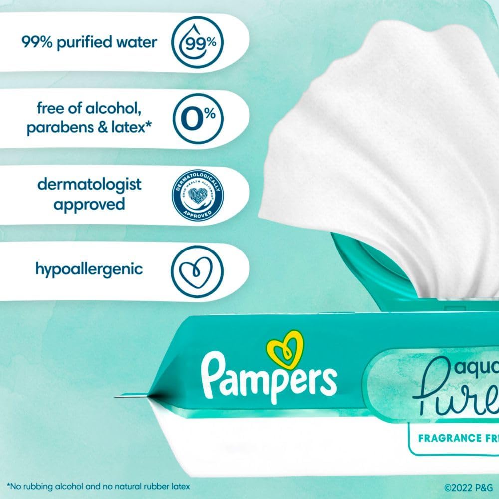 Pampers Baby Wipes Aqua Pure, 99% Water Based Wipes, Hypoallergenic and Unscented Infant Wipe, 896 Total (16 Flip-Top Packs)