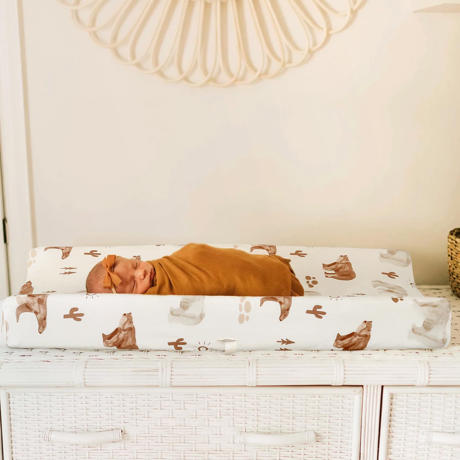 GRSSDER Stretch Ultra Soft Jersey Knit Changing Pad Cover Set 2 Pack, Change Table Pad Covers Fit 32"/34" x 16" Pads Safe and Snug, Cute Diaper Changing Pad Covers of Sunny Bear Print