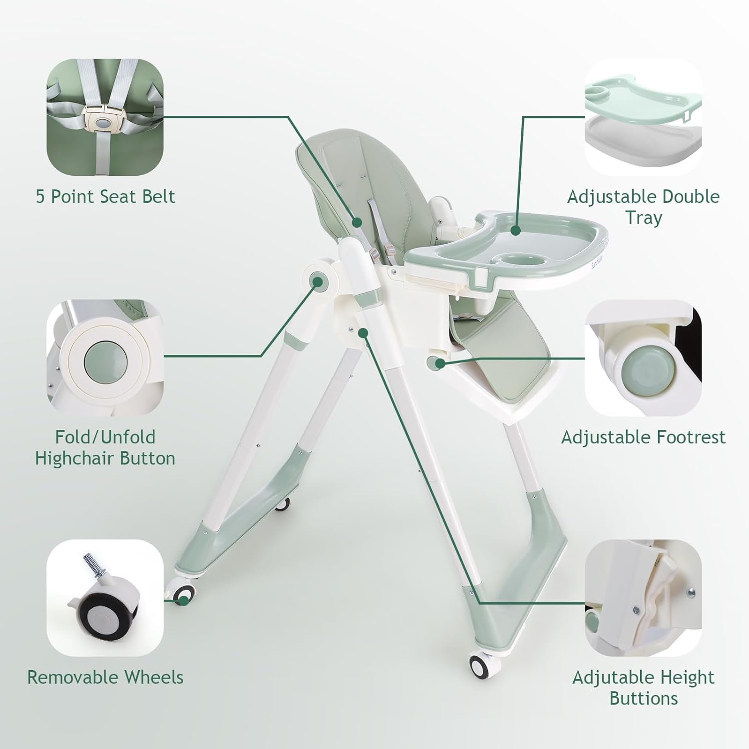 3 in 1 Baby High Chair with Wheels, Adjustable 5 Point Harness, Tray, Foot Rest, Backrest and Seat Height, Foldable High Chair for Toddlers, Green