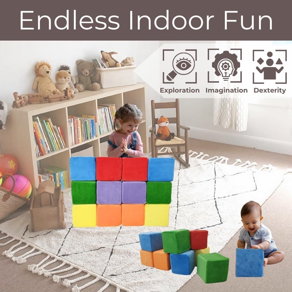 Wonder Space Plush Foam Blocks - Nursery Building & Stacking Toys for Toddlers Boys & Girls, Soft Smooth Velvet Cover, Early Education Gross Motor Skills & Brain Development (12 Cubes, Classic)