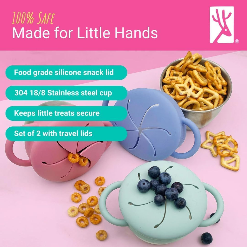 Elk and Friends Stainless Steel Snack Cups | Removable Silicone Food Catcher and Travel Lid | Spill-Proof Snack Containers for Baby, Toddler, Kids | Dishwasher Safe | 2 Pack