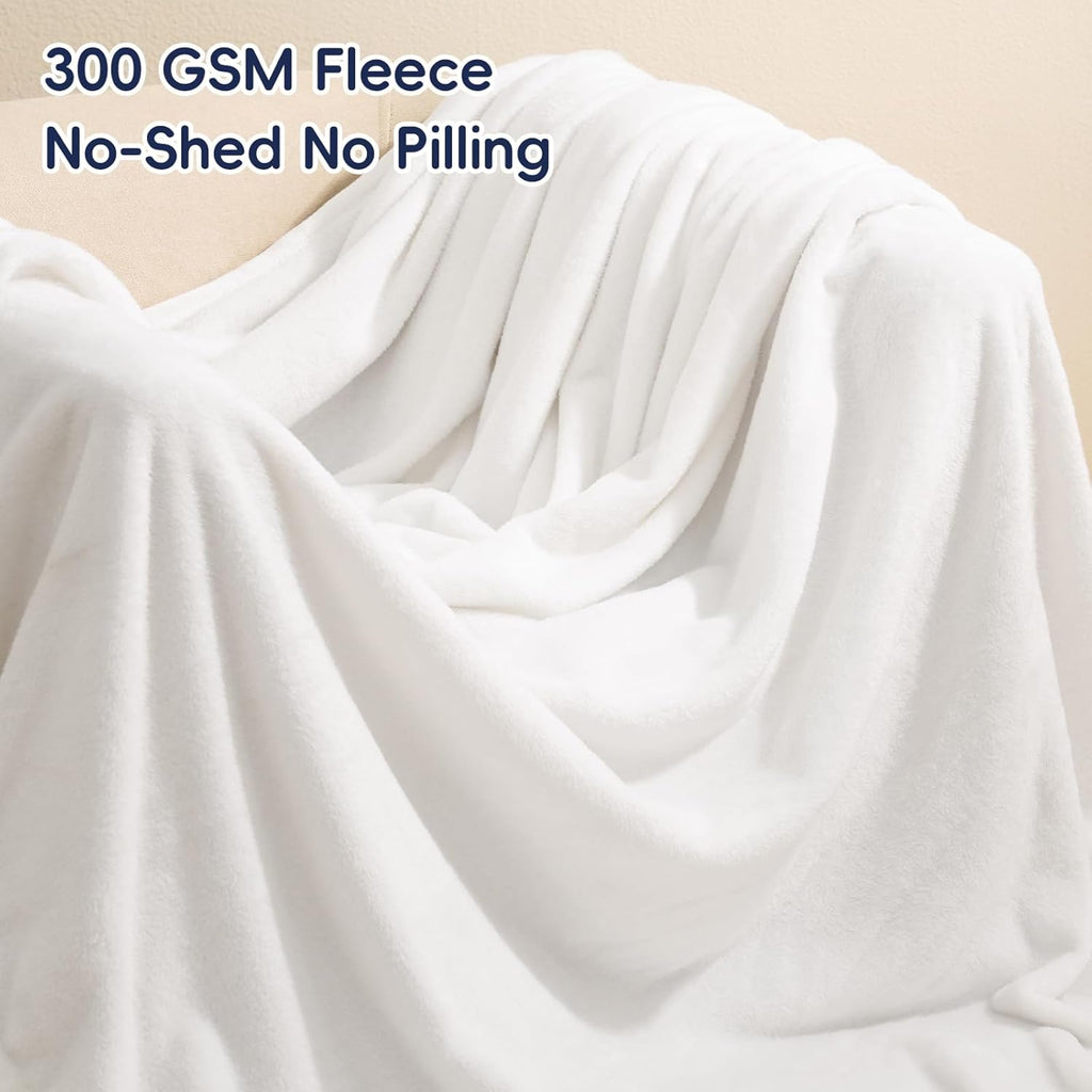 PHF Ultra Soft Fleece Blanket Queen Size, No Shed No Pilling Luxury Plush Cozy 300GSM Lightweight Blanket for Bed, Couch, Chair, Sofa Suitable for All Season, 90" x 90", White