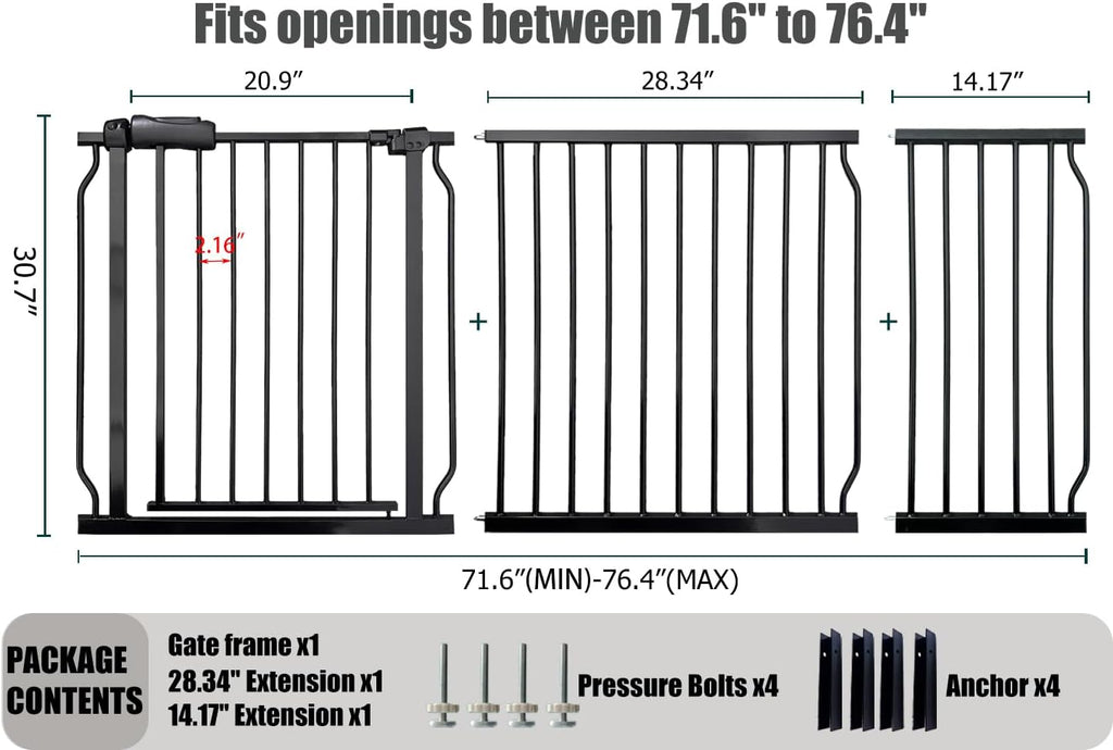 Extra Wide Baby Gates - 71.6-76.4 Inch, Black Metal Pressure Mounted Child & Pet Gates for Stairs & Doorways